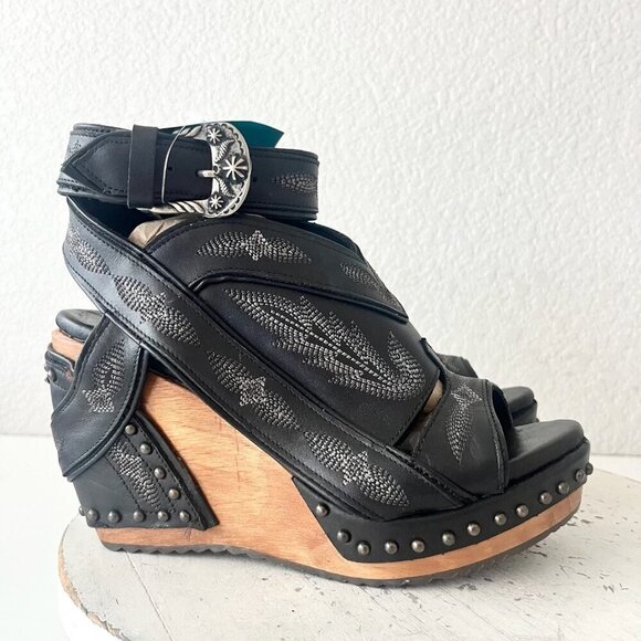 Lane Boots LEXINGTON Womens Black Wedges 7.5 Western Sandals Cowgirl Wooden Heel - Picture 2 of 11